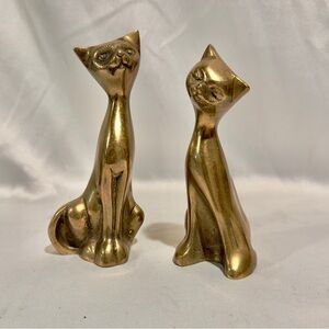 Vintage Solid Brass Siamese Cats Figures Mid-Century Modern 6”H